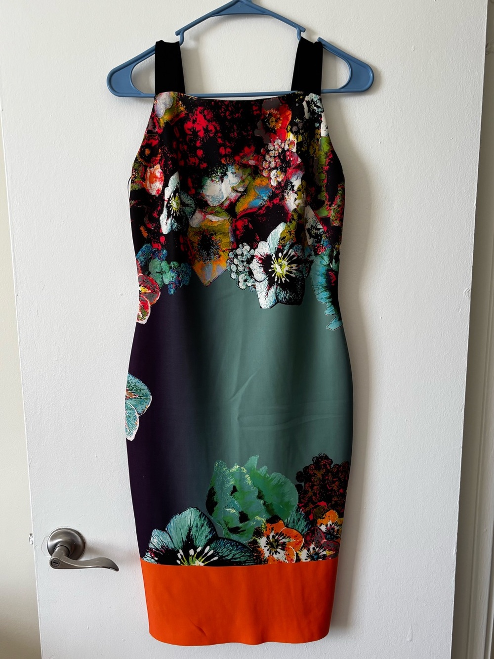 Milly Black, Teal-Green & Orange Floral Midi Dress